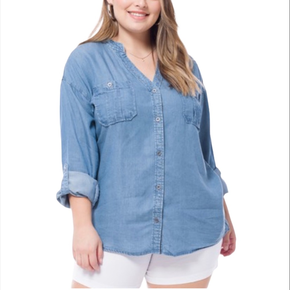Collarless Chambray Button Down Short - Plus size